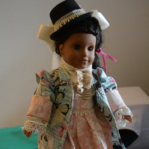 Doll dress Victorian walking outfit skirt pink jacket blue butterflies blouse rhinestones hat bow butterfly pearl beads.