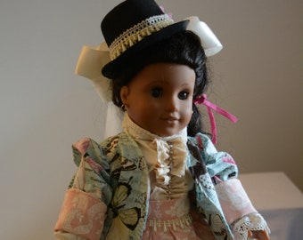 Doll dress Victorian walking outfit skirt pink jacket blue butterflies blouse rhinestones hat bow butterfly pearl beads.