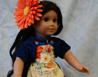 18 in doll clothes Tropical halter dress bolero jacket necklace hair clip croc shoes bright colors blue orange birds summer holiday