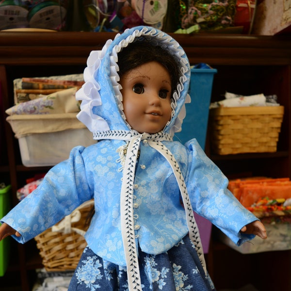 18 in doll clothes Civil War era dress jacket bonnet shoes blue flowers white 1800's dress