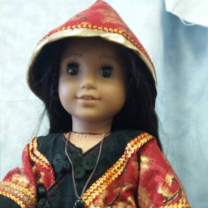 18in doll clothes. Asian, Chinese, pants shirt hat necklace fan. Red, black, gold,.