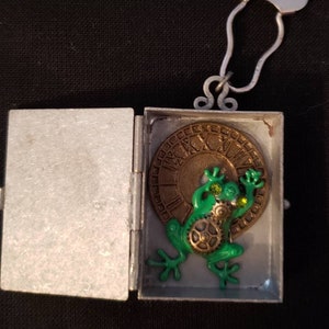 May include: A silver locket with a hinged lid opens to reveal a green frog with gears and a bronze clock face inside.