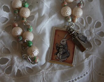 21 in necklace Alice in Wonderland white rabbit bottle Drink me matching beads