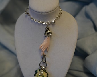 Victorian style hand painted lady's hand rhinestones porcelain yellow roses 24 in silver chain with rhinestones