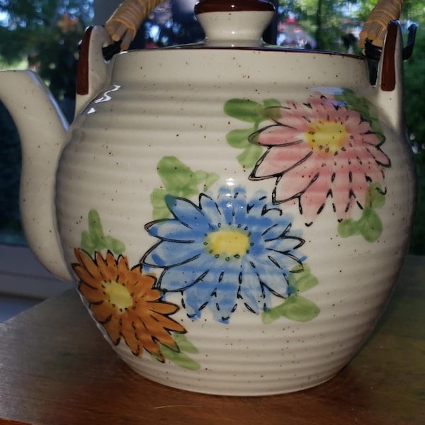 Vintage ceramic teapot with wicker handle Japan excellent condition