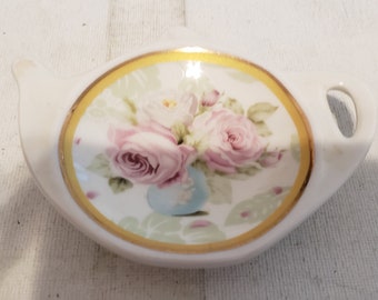 Tea pot shaped tea bag holder roses ceramic excellent condition