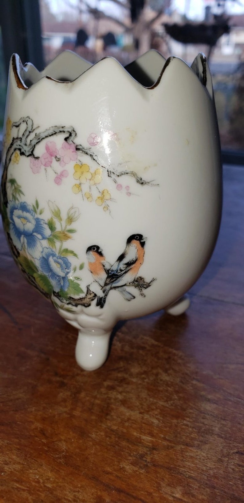 Vintage small cracked egg planter birds Japan excellent condition
