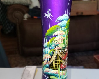 Tall purple wooden vase hand painted Vietnam excellent condition