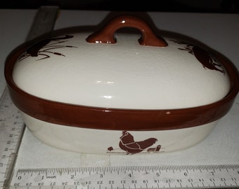 Vintage Ceramic covered dish with farm animals.  Lidded excellent condition