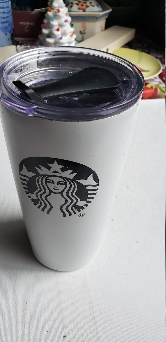 Starbucks Glass Tumbler Coffee Cup w/ Lid White Green Logo 10 Ounces