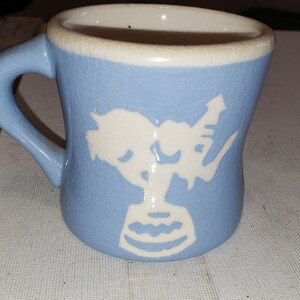 May include: A light blue ceramic mug with a white design of a person standing on a platform. The mug has a white rim and handle.