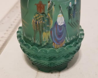 ⛰GlasFliesenmalerei M.H【Wintermärchen】 Vintage Fenton Green Glass Christmas Fairy Lamp Wisemen