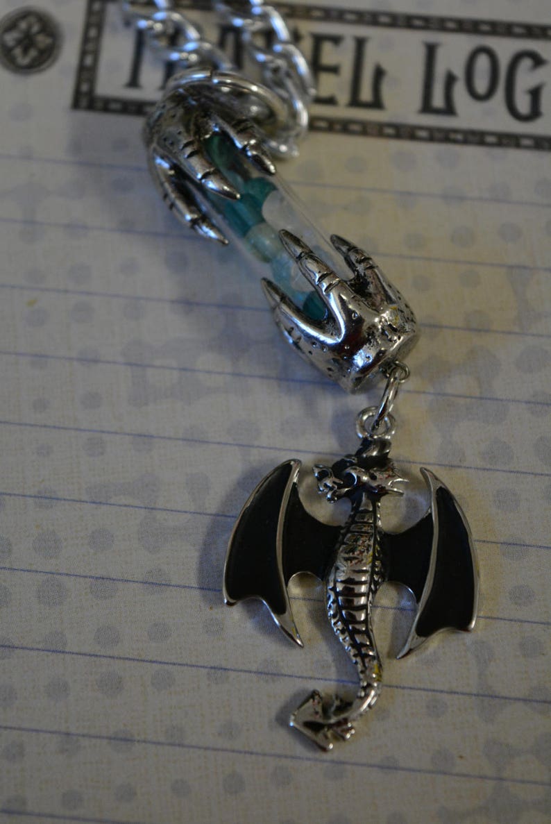 Dragon necklace glass vial dragon claws blue green stone chips dangle necklace silver dragon black wings