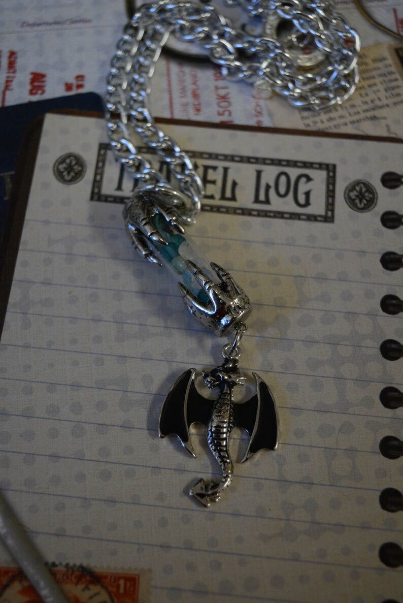 Dragon necklace glass vial dragon claws blue green stone chips dangle necklace silver dragon black wings