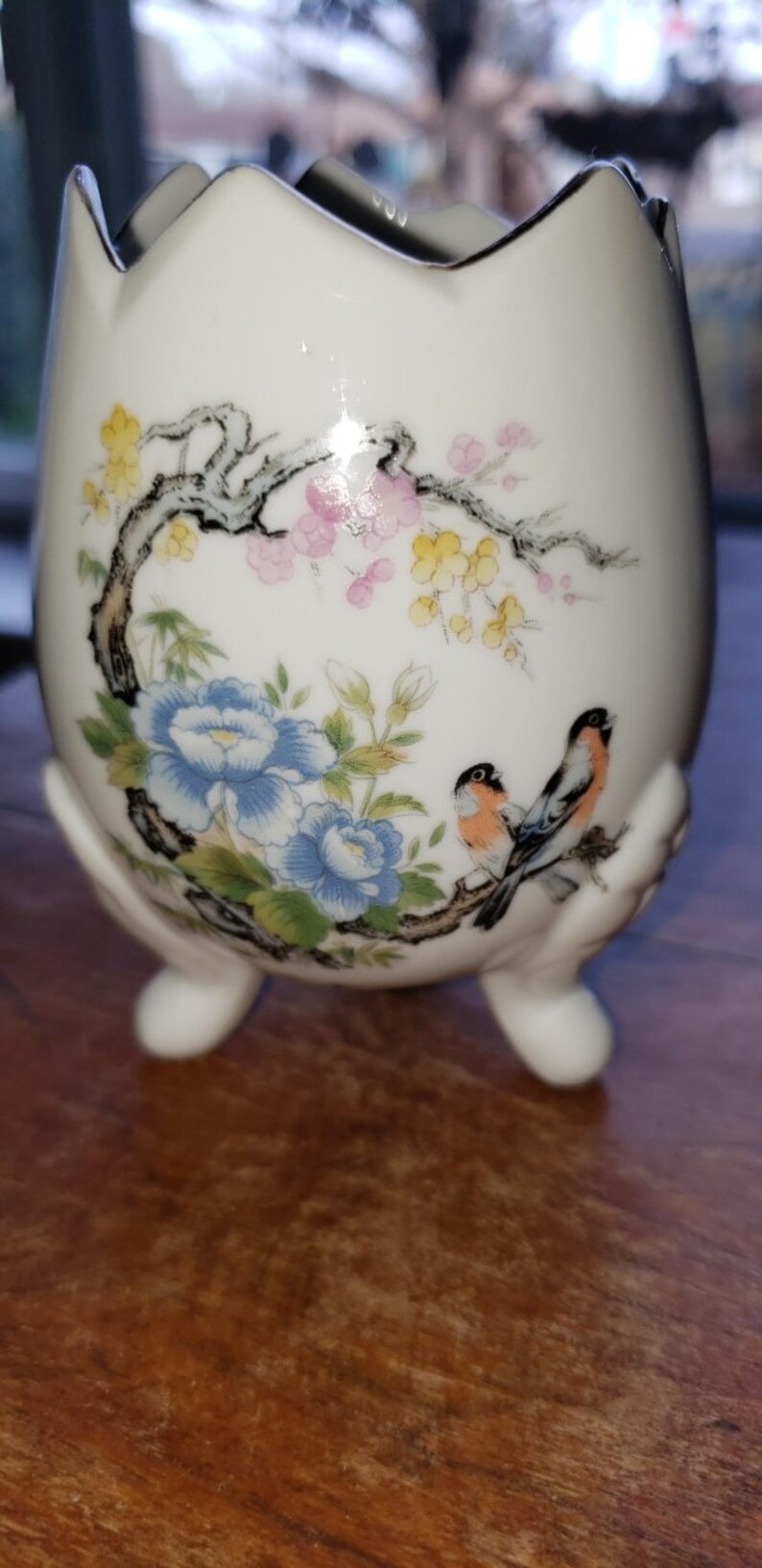 Vintage small cracked egg planter birds Japan excellent condition