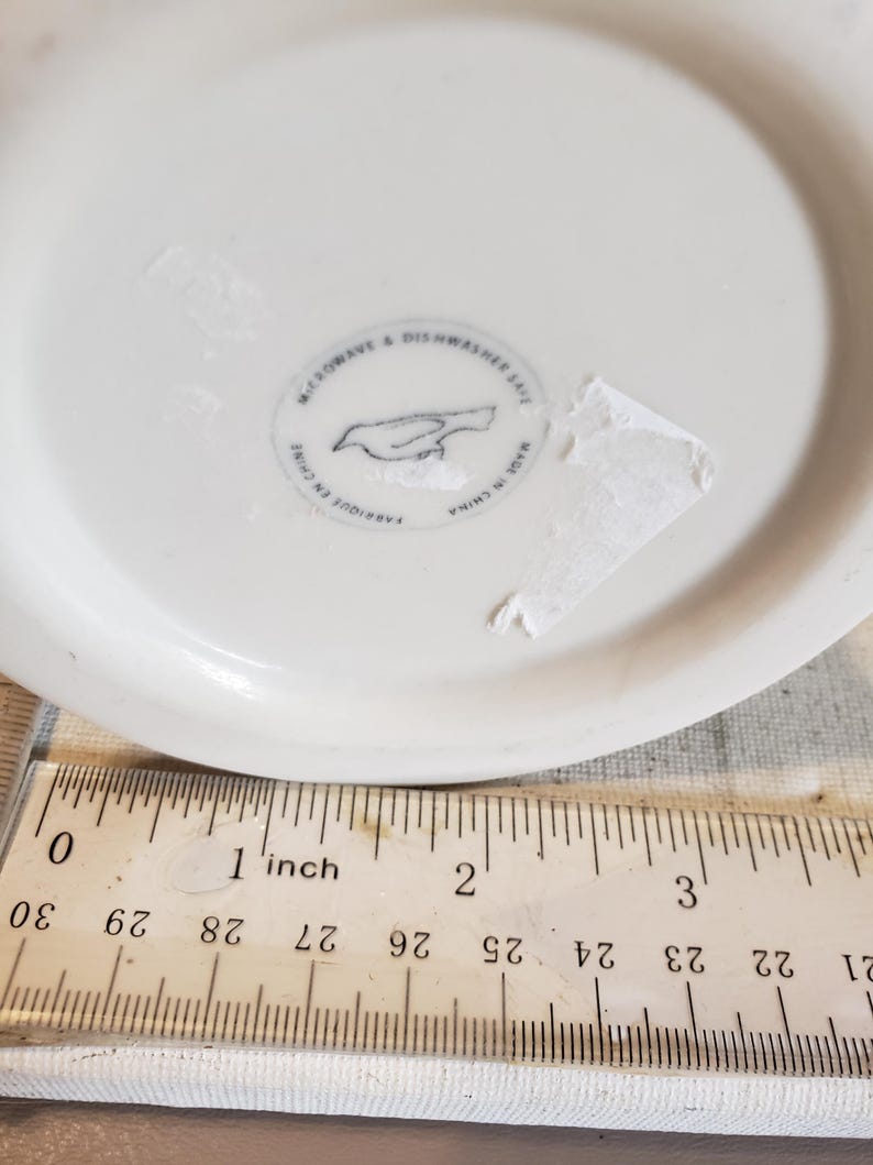 May include: A white ceramic plate with a bird illustration and text that reads "Microwave & Dishwasher Safe" and "Made in China". A ruler shows the plate is approximately 1 inch in diameter.