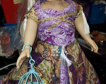 18 in doll clothes oriental style dress purple gold skirt overskirt shoes bird cage.