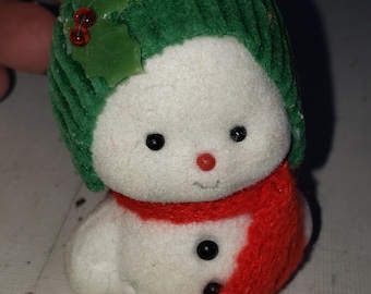 Flocked Snowman Christmas ornament with green hat.  Excellent condition