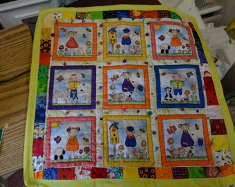 Doll quilt panel with squares of children patchwork edging multi color colorful quilted one of a kind