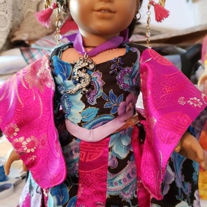 18 in doll clothes.  Victorian Oriental style dress.  Pink blue strips of fabric corset with kimono sleeves train bustle pillow hair clips