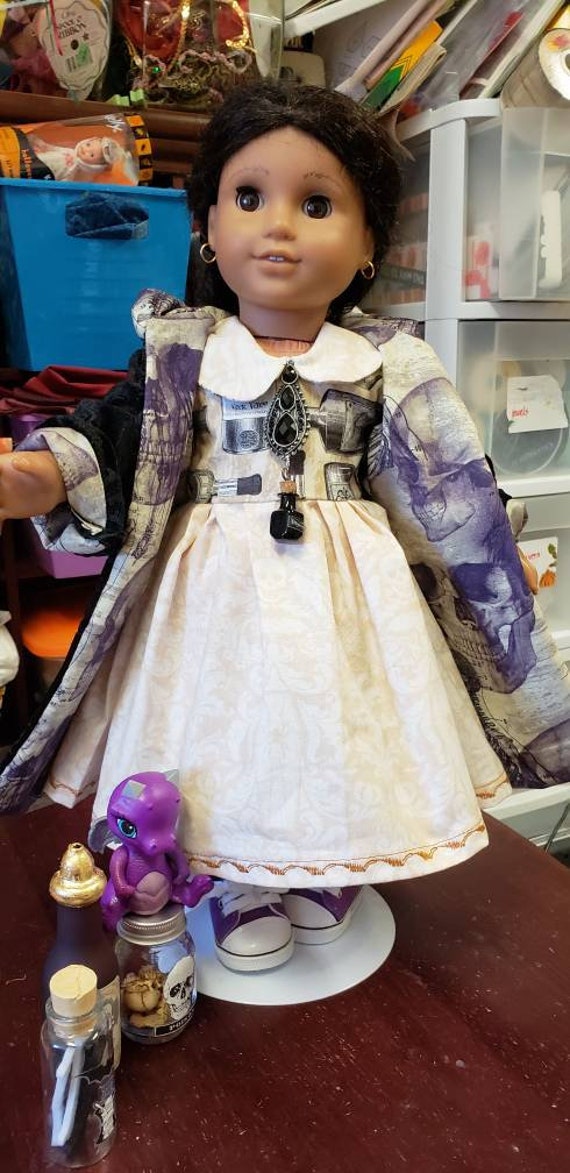 18 in doll clothes witch wizard cloak dress shoes socks dragon bottles Halloween black purple beige velvet skeletons