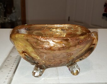 Gold and glitter art glass candy dish hand blown excellent condition