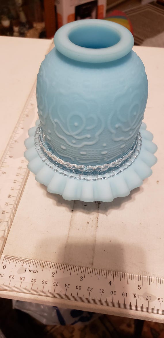 Vintage Fenton Blue Satin Glass Fairy Lamp 3 Parts Top Base