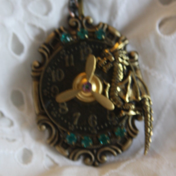 Steampunk necklace cameo setting watch face propeller dragon green rhinestones time thief