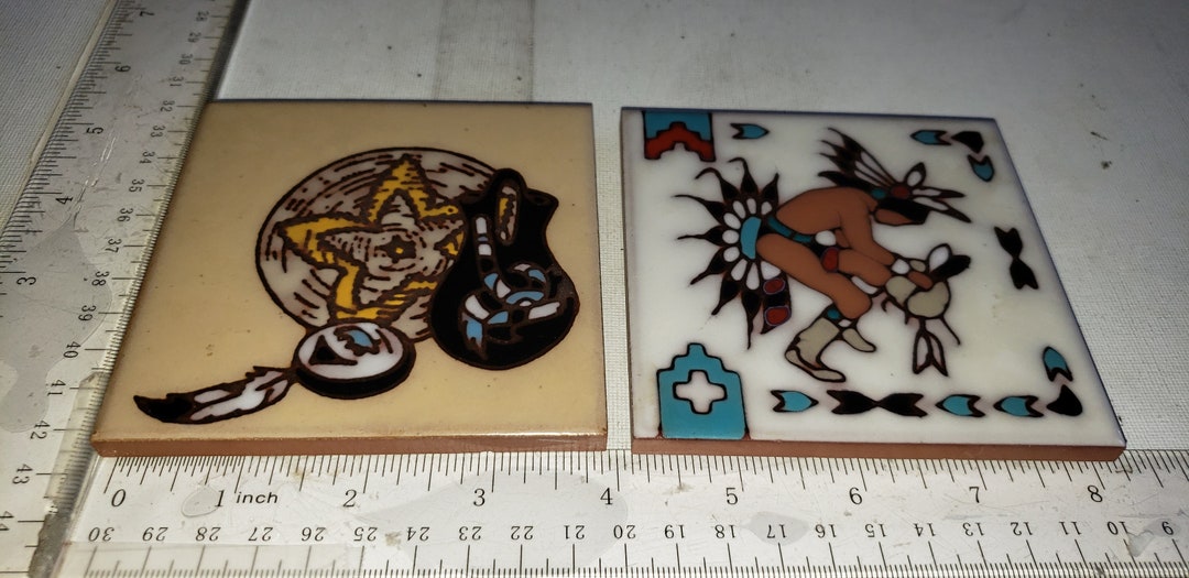 Set of 2 Ceramic Tile Native American Coasters Excellent Condition - Etsy