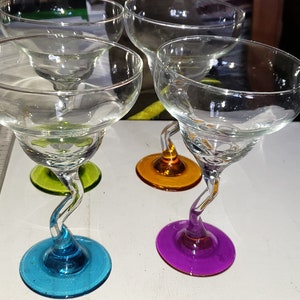 Martini Glasses Set of 6 Novelty Bent Stems in Clear and Green 7 5/8 Tall