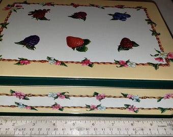 Large rectangle tin with fruit and flowers excellent condition