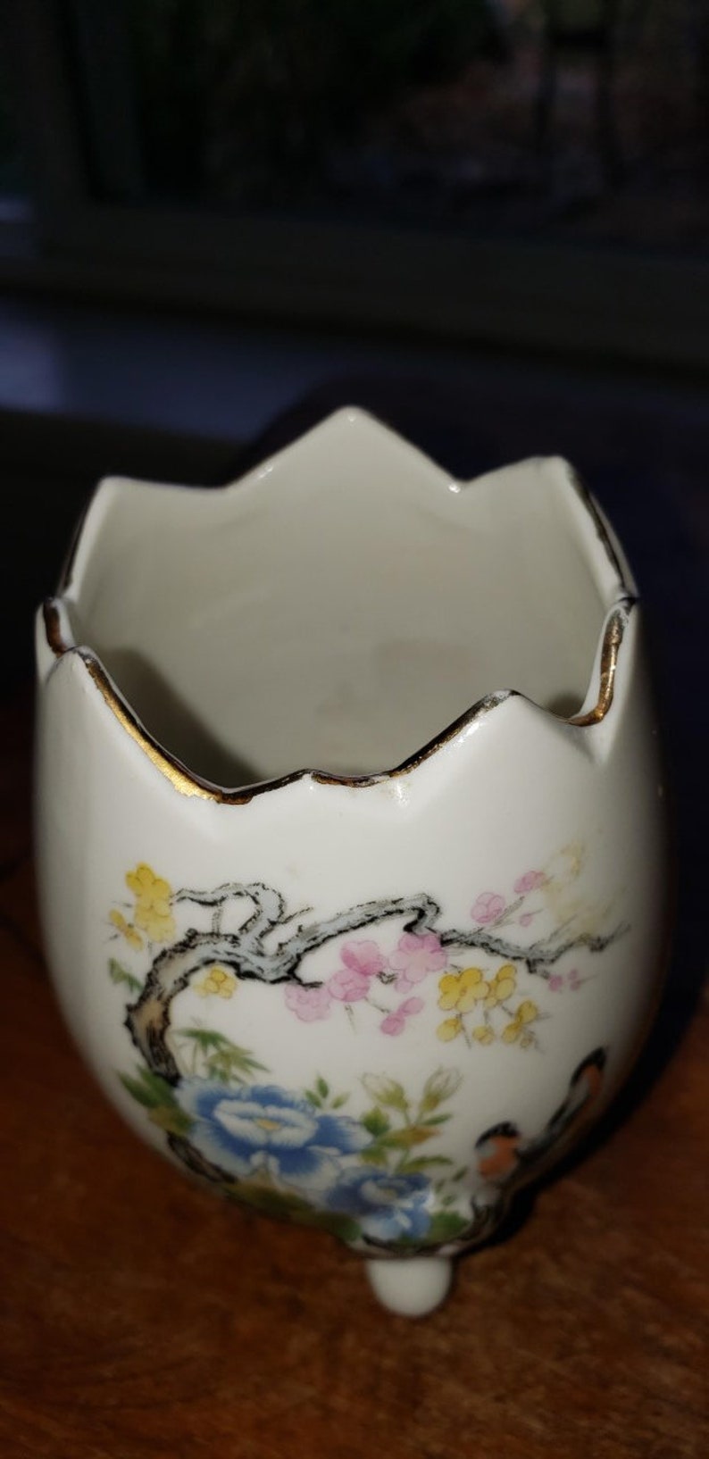 Vintage small cracked egg planter birds Japan excellent condition