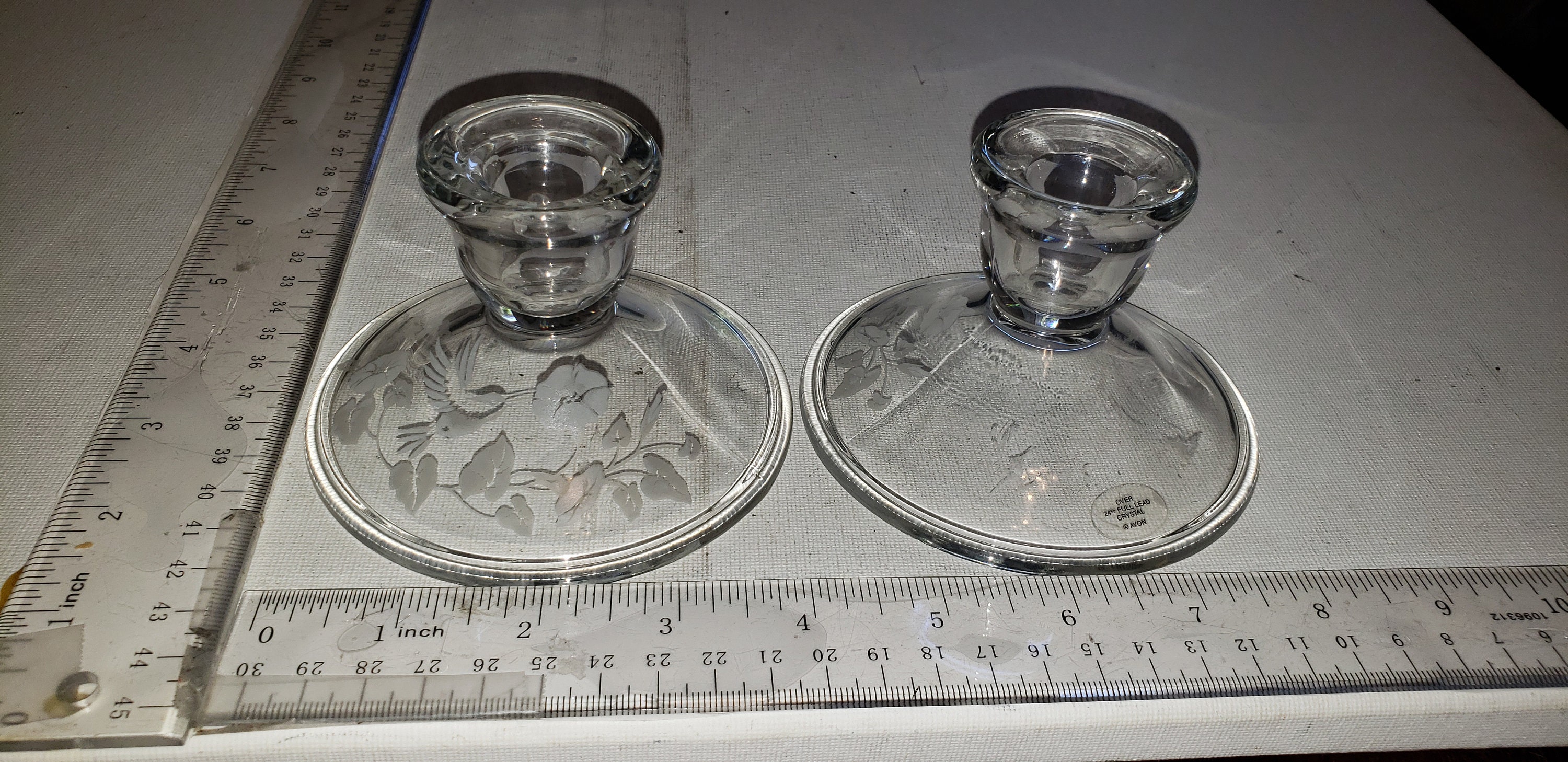Avon Set of 2 Glass Candlestick Holders Etched Flowers