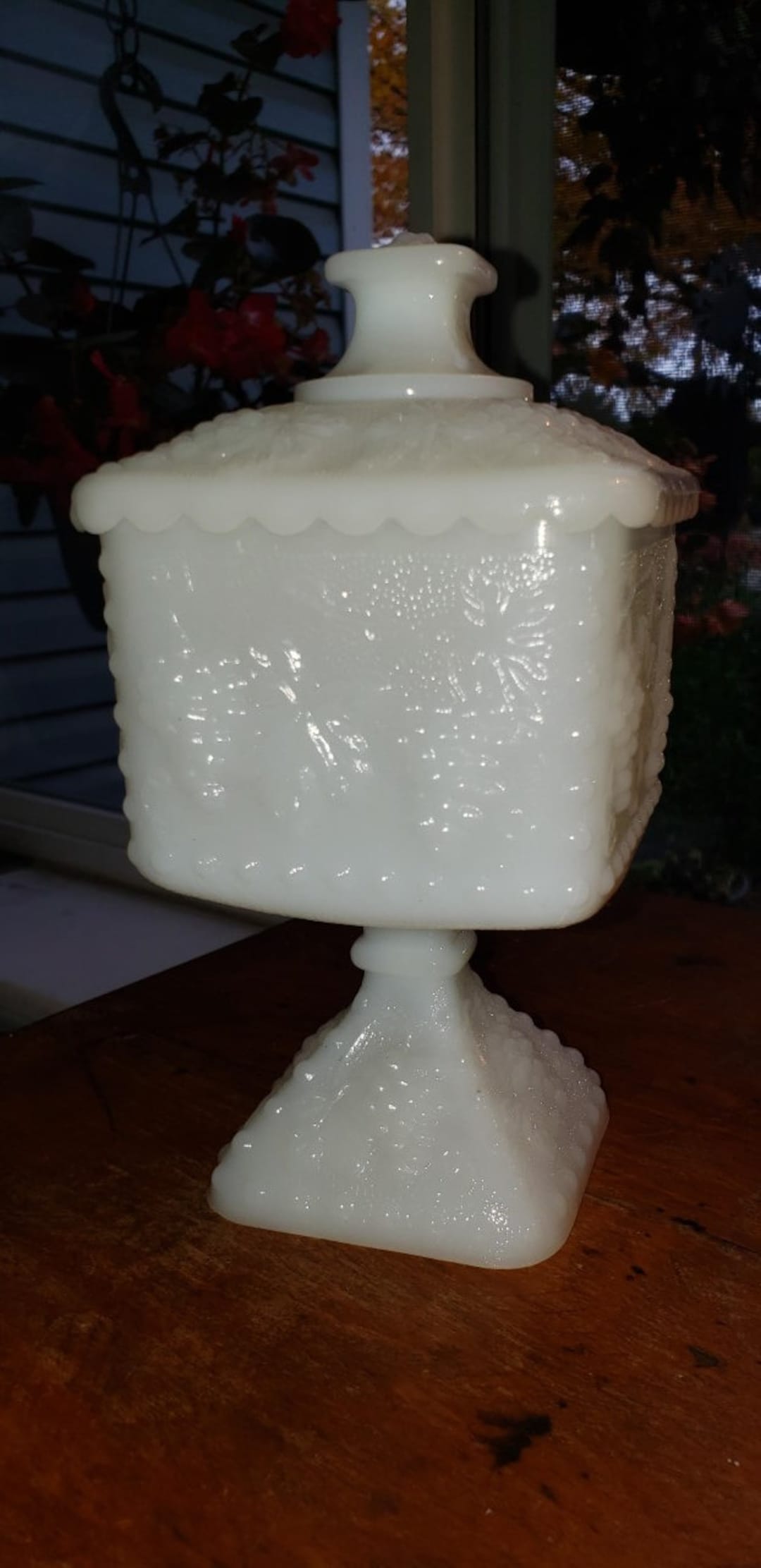 Vintage Milk Glass Grape Pattern Candy Dish With Lid Excellent