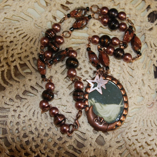 Copper moon and stars silent movie star reclined on the moon copper sparkle beads glass beads necklace