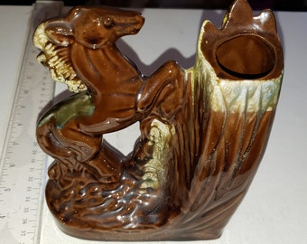 Vintage glazed brown horse vase drip glaze excellent condition