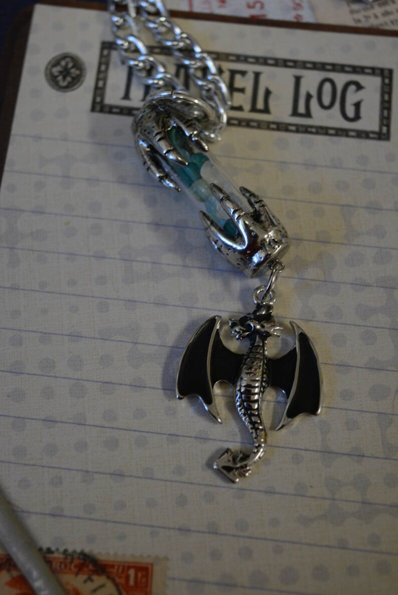 Dragon necklace glass vial dragon claws blue green stone chips dangle necklace silver dragon black wings