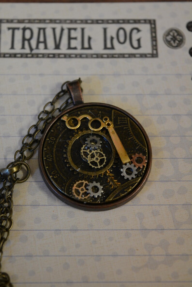 Steampunk pendant gears opera glasses necklace round image 3