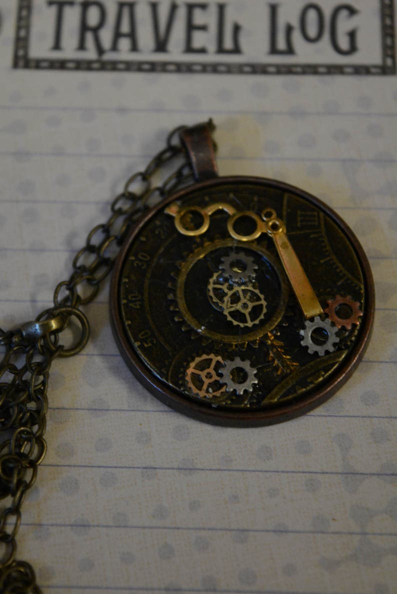Steampunk pendant gears opera glasses necklace round image 5