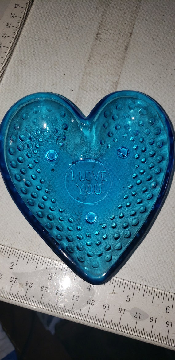 Blue heart shaped Trinket dish I LOVE YOU hobnail… - image 1