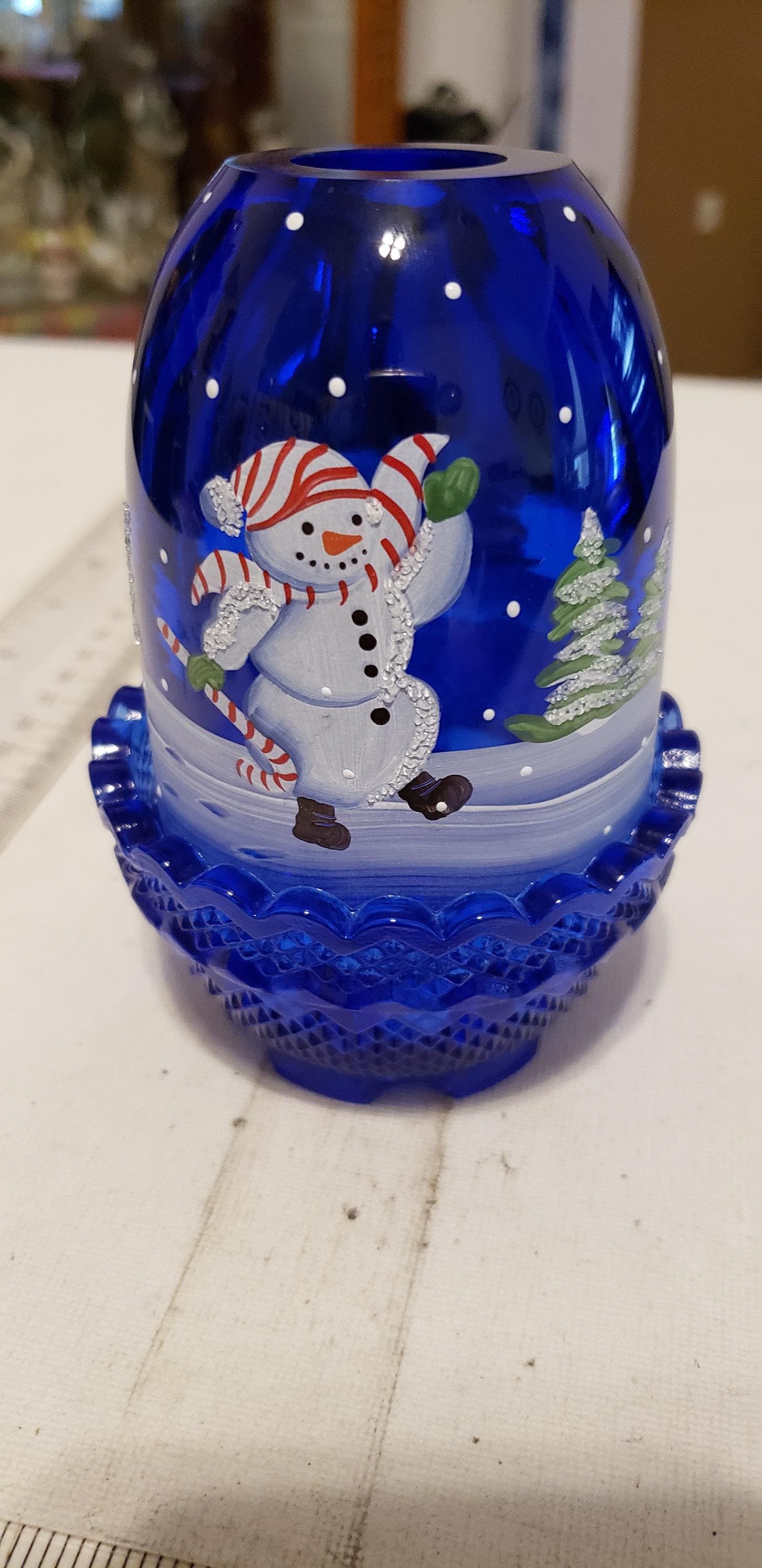 Vintage Blue Fenton Hand Painted Signed Snowman Fairy Lamp