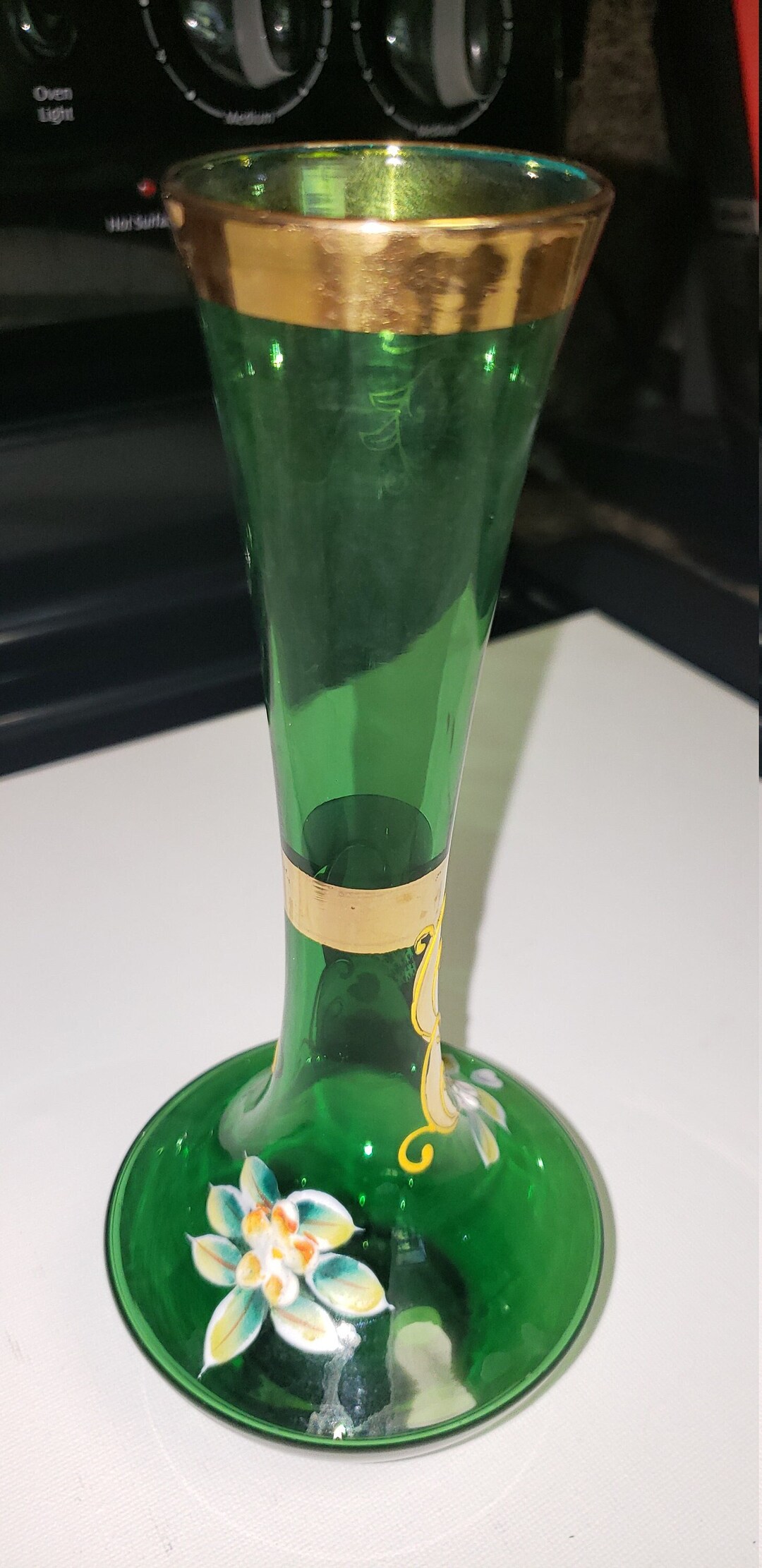 Vintage Green Glass Bud Vase Hand Painted Excellent Condition - Etsy