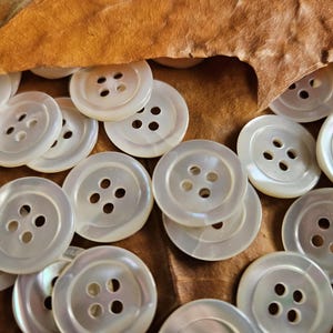 Puede incluir: Primer plano de una colección de botones redondos blanquecinos, cada uno con cuatro agujeros, dispersos sobre una superficie marrón texturizada. Los botones tienen un brillo nacarado, lo que sugiere nácar. La imagen destaca los detalles de los botones.