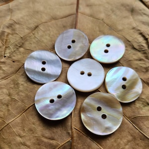 May include: Seven round, iridescent buttons with two holes each, arranged on a dried, brown leaf. The buttons have a pearlescent sheen, reflecting colors like white, blue, and gold. The buttons are a craft or sewing supply.