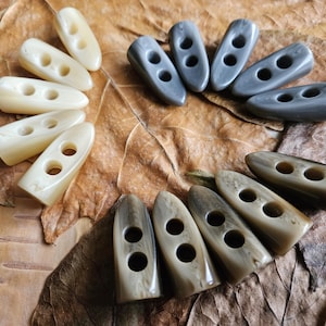 May include: An assortment of oval-shaped buttons with two holes each, in shades of cream, gray, and brown. The buttons are arranged on a bed of dried leaves, showcasing their natural tones and textures.