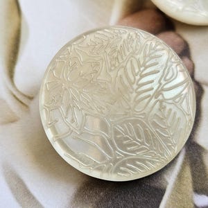 Könnte beinhalten: Ein runder, irisierender Knopf mit einem Blattmuster, das in seine Oberfläche geätzt ist. Der Knopf hat eine blass-perlmutartige Farbe und reflektiert das Licht, wodurch das detaillierte Blattmuster hervorgehoben wird. Ideal für Nähprojekte.