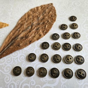 Könnte beinhalten: Eine Ansammlung von einundzwanzig kleinen, runden, bronzefarbenen Metallknöpfen, die jeweils zwei mittige Löcher und einen leicht erhöhten Rand aufweisen. Die Knöpfe sind in einer Dreiecksform neben einem großen, getrockneten Herbstblatt angeordnet.