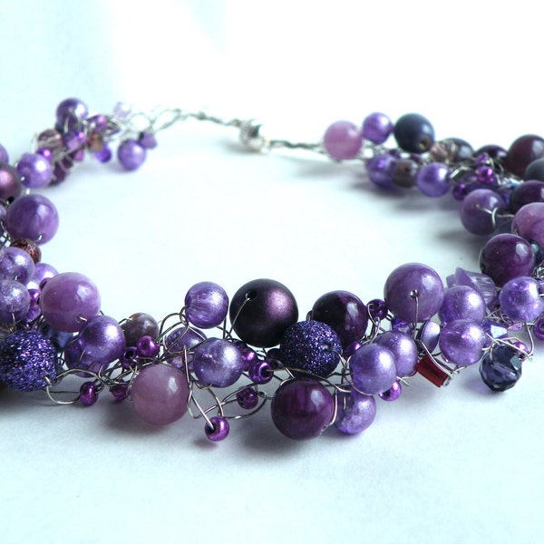 Purple Crochet Wire Necklace... Sparkle Purple Round Beads, Dark and Light Purple Beads on Silver Wire (Free Shipping)