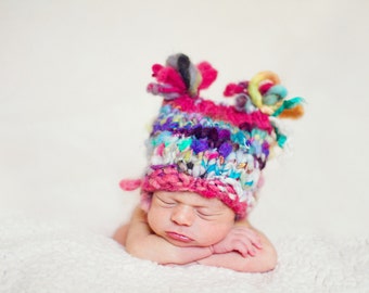 Newborn Hat, Knit Baby Hat-Newborn Hat PATTERN-PeTalSPuN Loopy Baby Hat, Pdf, in Handspun Art Yarn, for Photo Prop