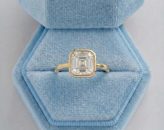 Asscher Cut Lab Diamond Bezel Set Wedding Ring, 14K Solid Gold Solitaire Ring, Engagement Ring For Her, Anniversary Ring Gift For Love